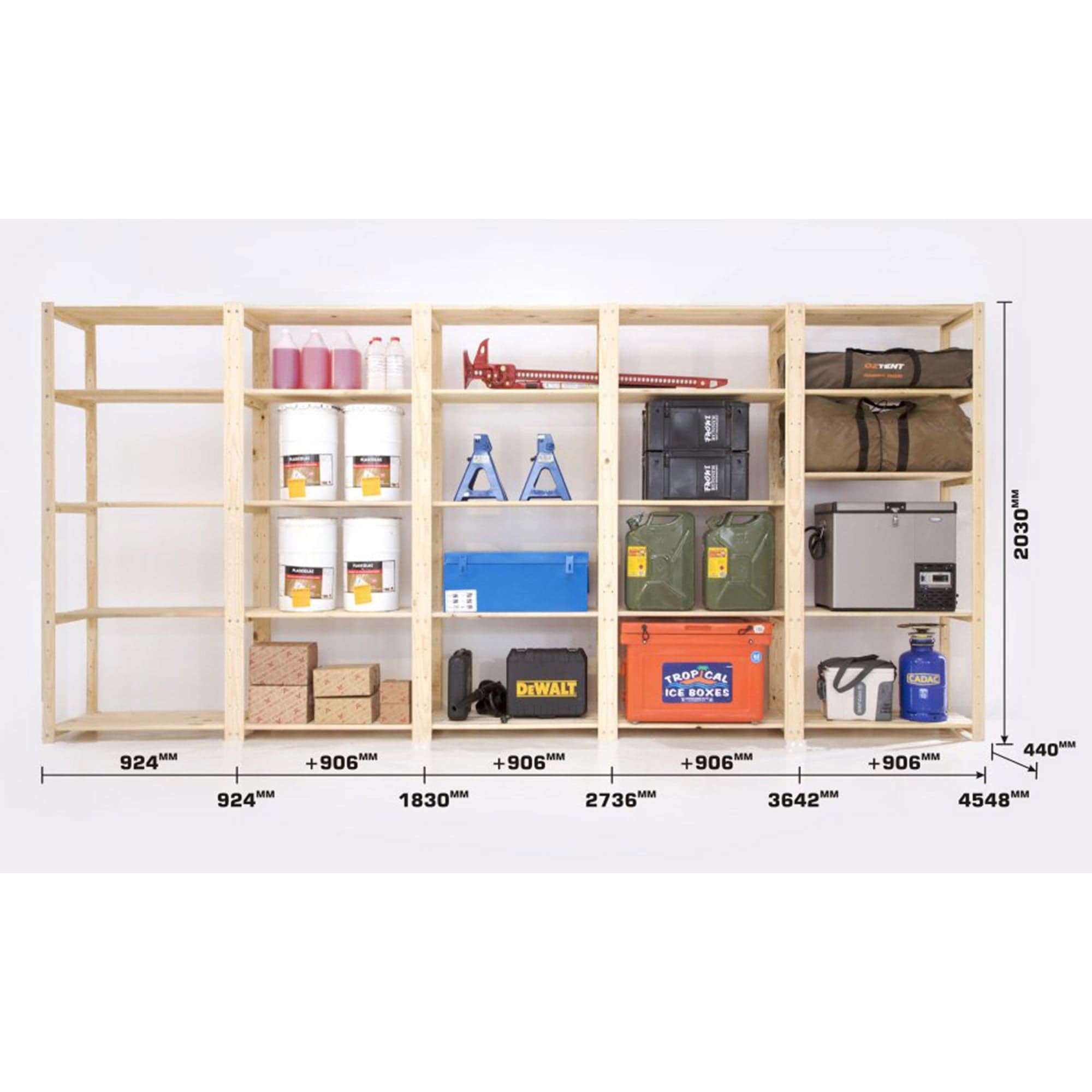 5 Bay DIY Wooden Shelving with 5 levels of Shelves (2.4m High)