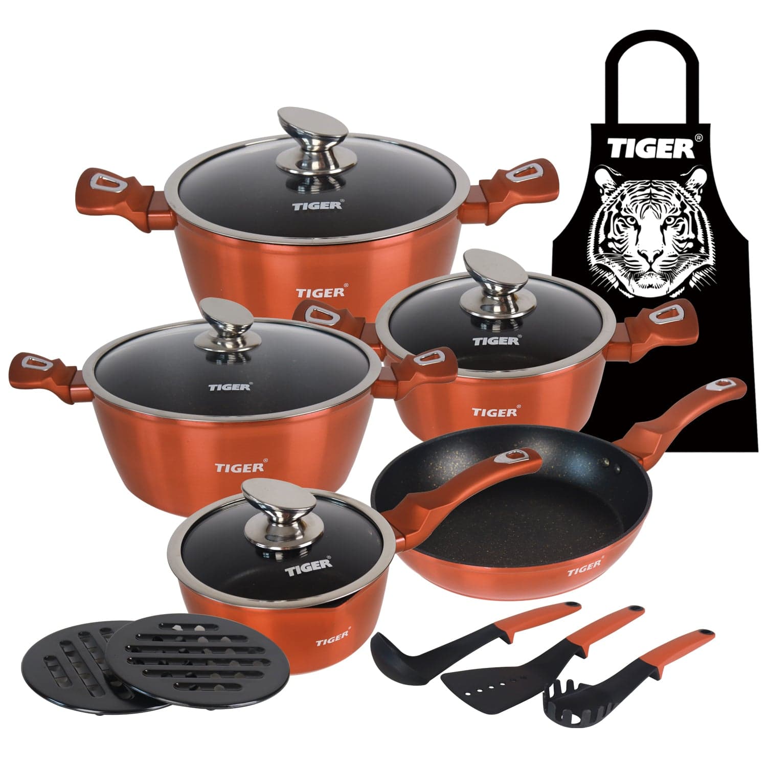 Tiger Non-Stick 15 Piece Marble Coating Cookware Set Rose Gold
