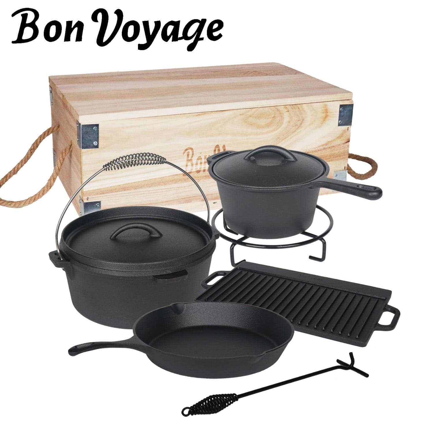 7-Piece Pre-Seasoned Cast Iron Camping Cookware Set