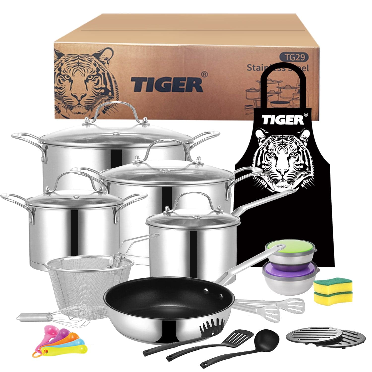 Tiger Stainless Steel 29 Piece Cookware Set - Tempered Glass Lid Edition