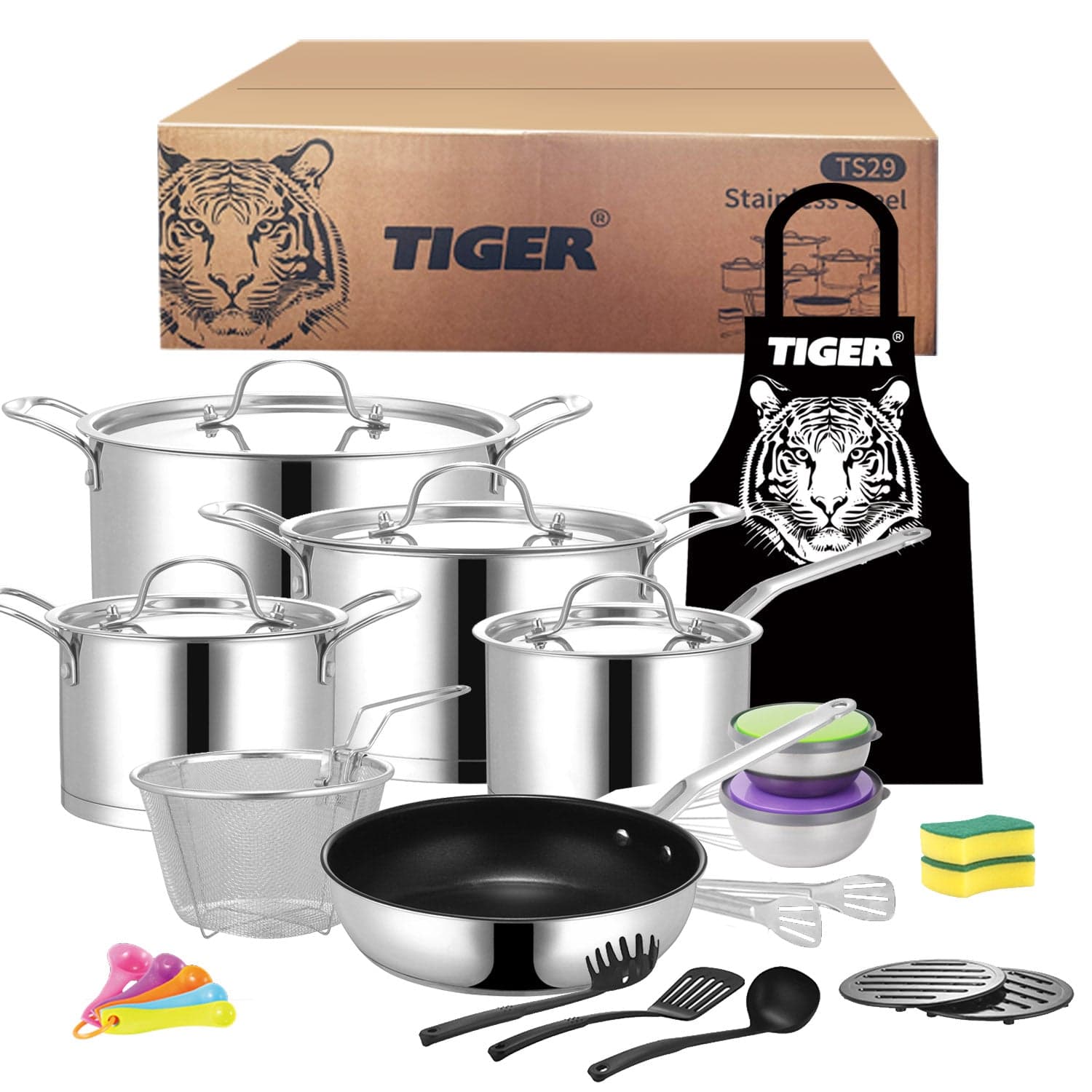 Tiger Stainless Steel 29 Piece Cookware Set - Stainless Steel Lid Edition